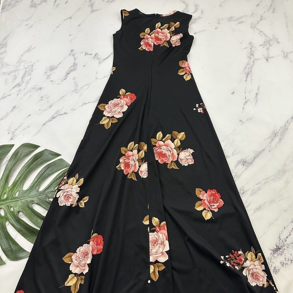 Mister Robert Womens Vintage Maxi Dress M Black Pink Rose Floral High Neck 70s - Picture 7 of 10